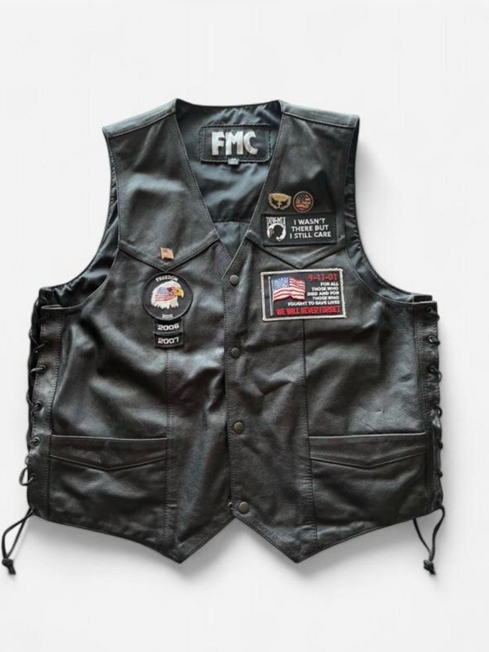 Men's Black Leather Bike Vest with Patches